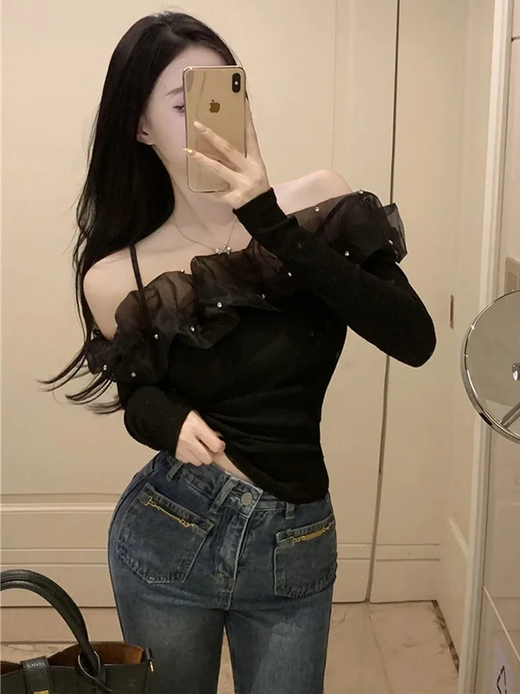 T-Shirt Design Slim Fit Top New Women's Clothing 2025 Spring Autumn Temperament Ruffle Mesh Splice Drill