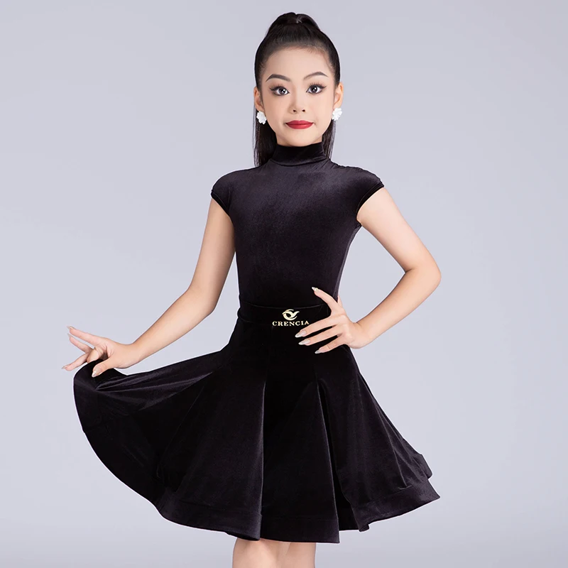 New Kids Latin Dance Competition Clothing Girls Standard Dress Cha Cha Dance Dress Thin Velvet Suit Training Dance Wear DNV20846