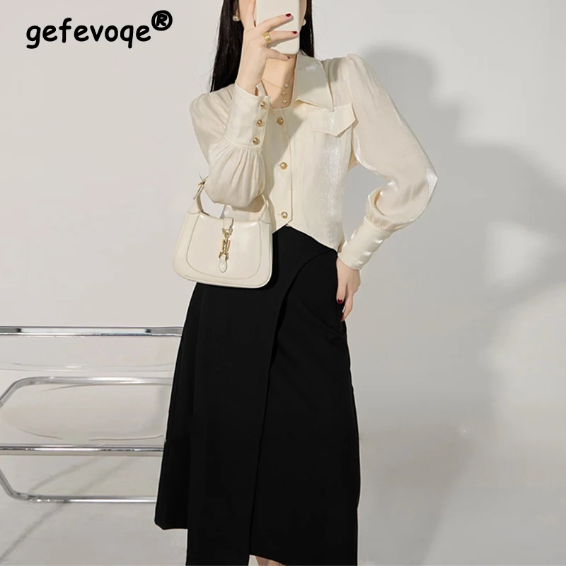 Spring Autumn Polo-neck Elegant Fashion Lace Up Long Sleeve Shirt High Waist Black A-line Skirt Set Women Blouse Skirts Suit