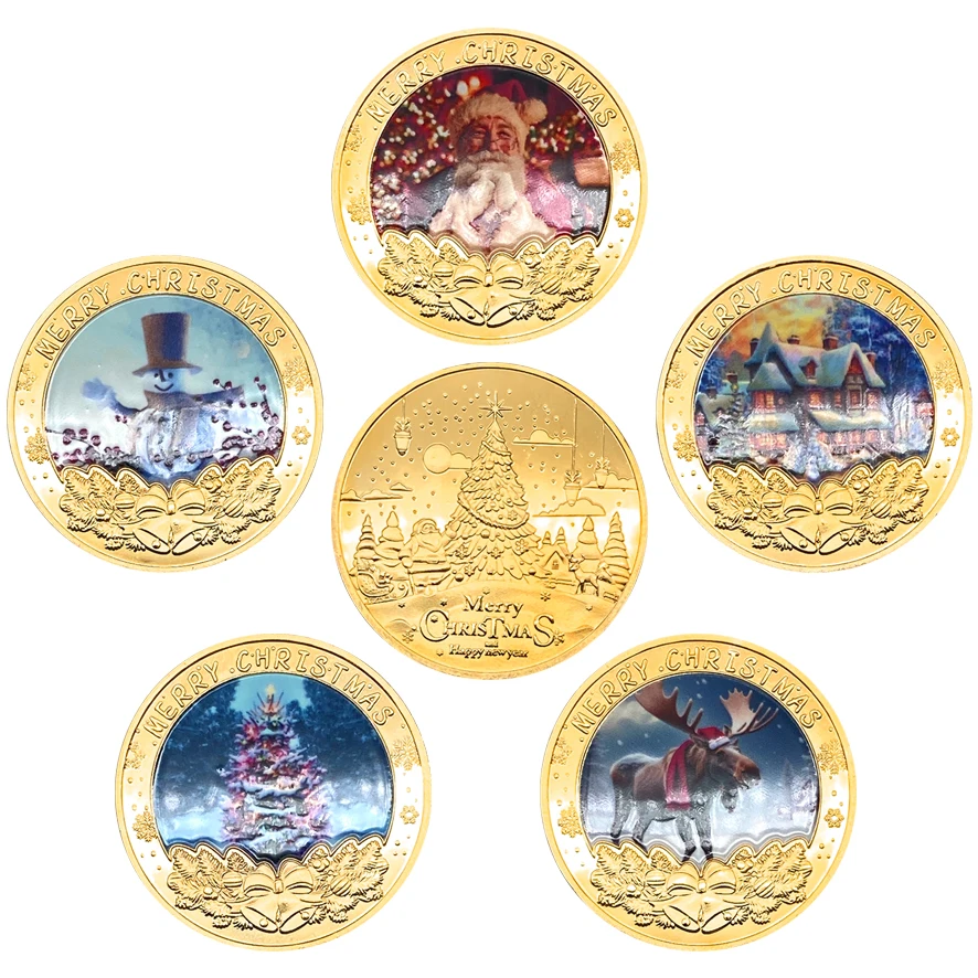 

Spot 5-й дизайн, рождественский набор памятных монет из золотой фольги, Санта-Клаус, снеговик, рождественская елка и Лось, праздничный коллекционный подарок