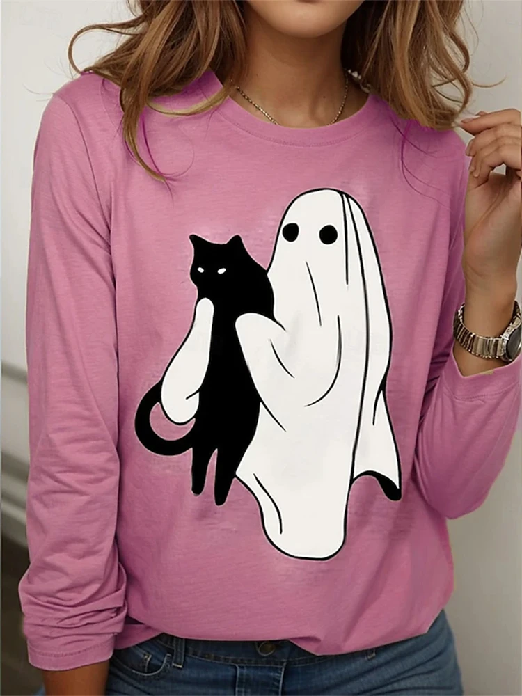 

Women's Halloween Long-Sleeve Hoodie 3D Cute Ghost Design Stylish Crew Neck Oversized Top Women's Halloween Costume