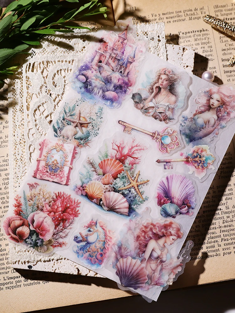 42Pcs Shell Mermaid Transparent Stickers Travel Junk Journal Craft Paper DIY Scrapbooking Craft Diary Album TN Decorative