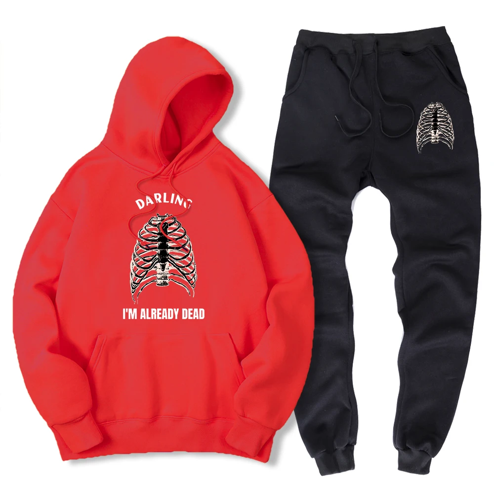 Dariling I'M Already Dead Skeleton Hoody + Pant Men Casual 2 Piece Set Fashion Loose Sweatshirt + Sweatpant Winter Sportswear