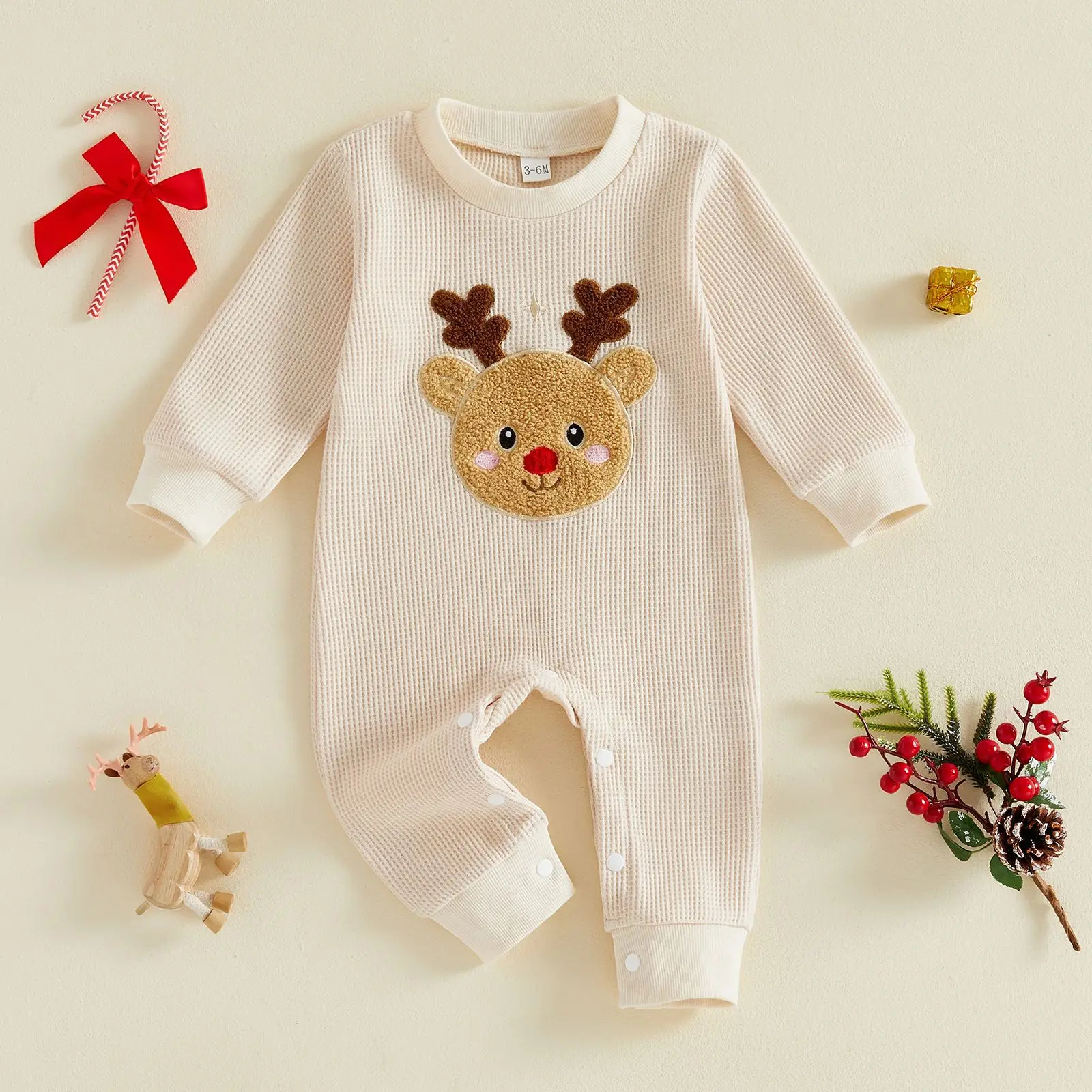 Christmas Fall Baby Deer Head Towel Embroidered Long Sleeve Onesie Simple Waffle Climbing Suit