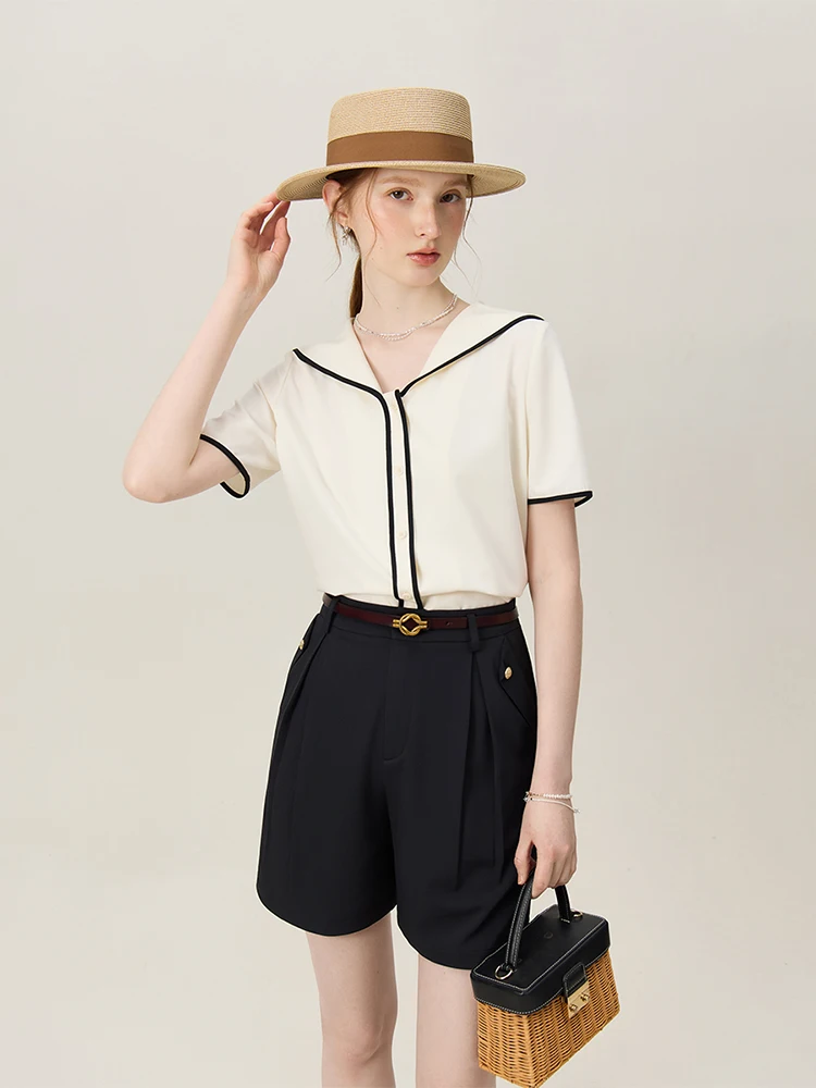 FSLE Navy Collar Contrasting Color Design Women Summer Beige Short Sleeve Blouses Casual Single Breasted Loose Tops 24FS12209