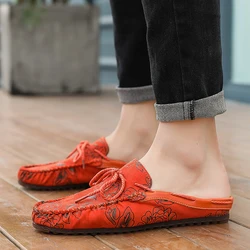 Half Shoes For Men Leather Loafers Slippers Man Slides Mules Men Casual Shoes Male Footwear Fashion Slip On Flats Summer 2022