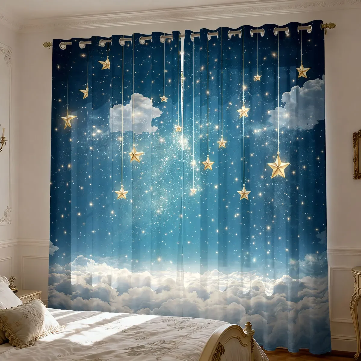 2pcs Romantic Night Sky Nebula Printed Perforated Curtains Suitable For Insulation Decoration In Living Rooms And Bedrooms