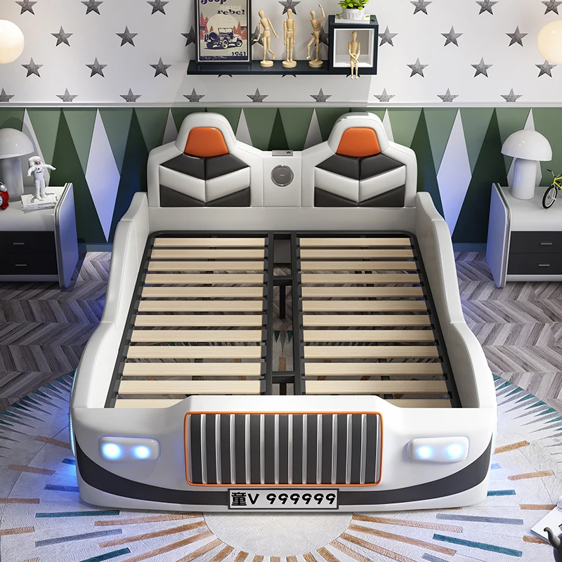 Solid wood children's bed, 1.5m creative boy's room, car bed, cartoon with guardrail, single person sports car leather bed