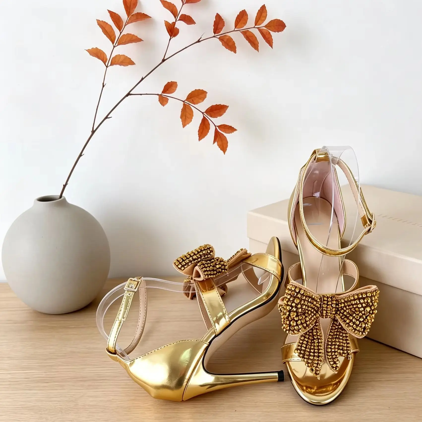 Gold Rhinestone Bow Decor Women Shoes Open Toe Sandals Single Strap Ankle Buckle Thin High Sexy Party Heels Pumps Elegant Female