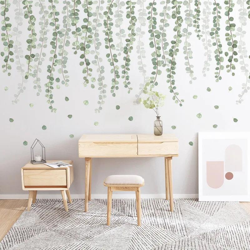 Nordic Wall Sticker Green Vines Nature For Living Room Bedroom Home Flower Background Wall Decor Self-adhesive Sticker Wallpaper view 2
