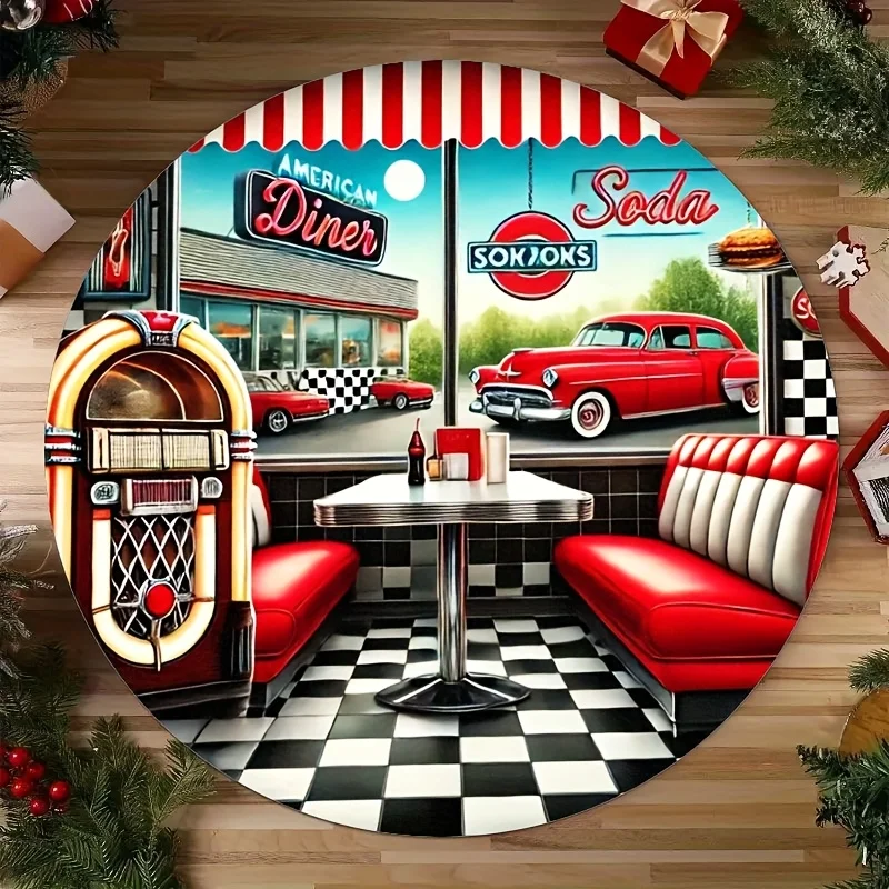 Retro American Diner Round Rug Flancel Vintage Car Jukebox Checkered Floor Mat Kitchen Dining Room Wall Art Decor