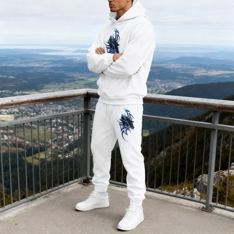 بدلة رياضية كاجوال بغطاء للرأس من القطن للرجال - سروال صالة مكون من قطعتين برسومات الخريف وجيب ناعم ملابس رياضية حضرية للجري في الهواء الطلق يوميًا #2