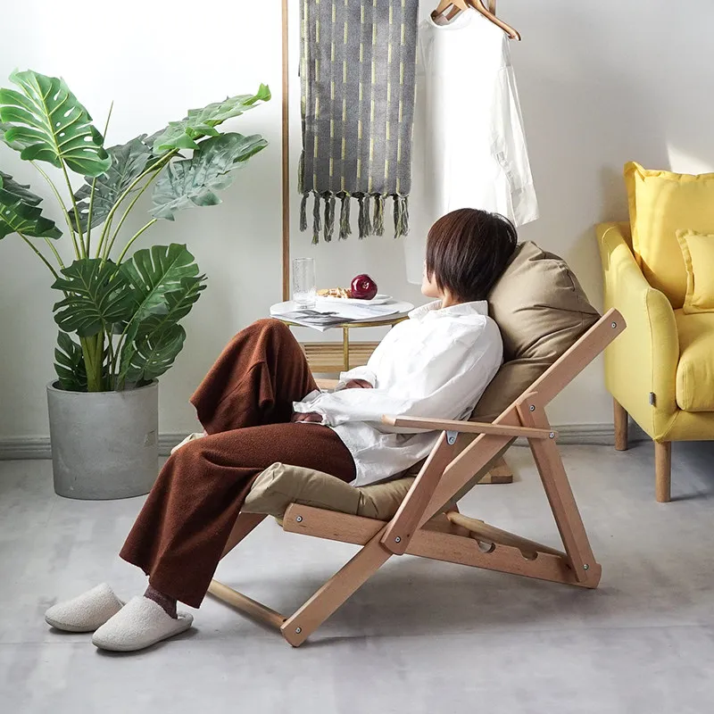 Solid Wood Folding Recliner Chair Nordic Lounge Nap Chair Adjustable Backrest for Balcony Home Office Pregnant Women Comfort