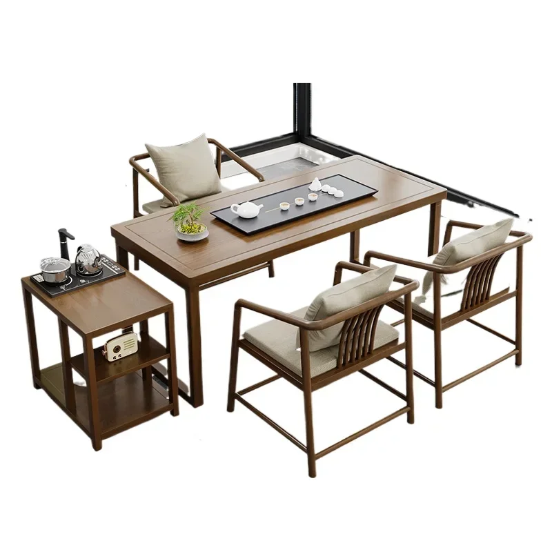 Household balcony solid wood tea table and chair combination, Zen rectangular tea table, new Chinese log small tea table