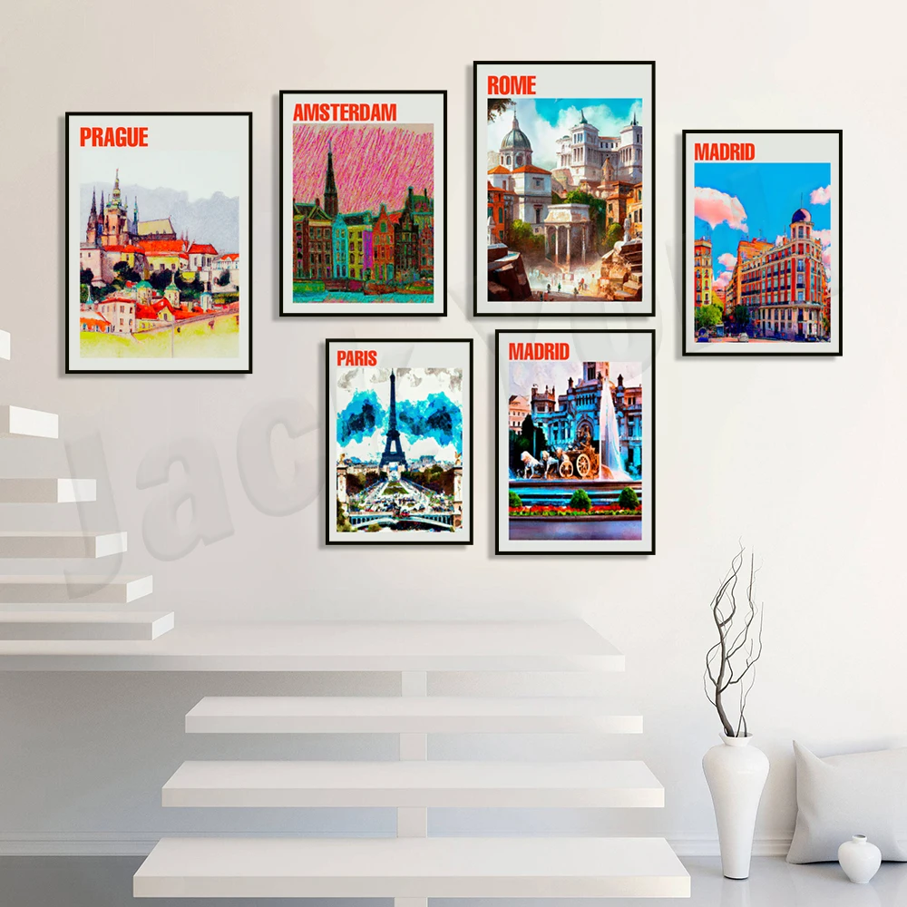 Amsterdam, Berlin Brandenburg Gate, London, Paris, Rome, Seville, Budapest, Istanbul, Madrid, Prague, Barcelona travel poster