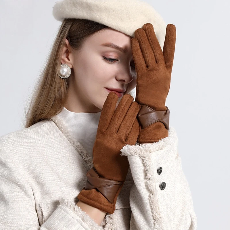 Cold Resistant Winter Gloves Thick Fleece Lined Suede Material with Bow Decoration Touch Screen Compatible for Men and Women