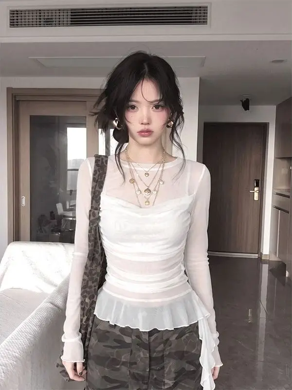 Pure Desire Long Sleeve Mesh Cover up Top Early Autumn Slightly Transparent Pleated Slimming Sexy Girl Layered Shirt