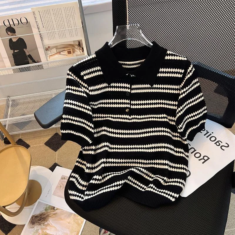 

plus Size 300 Pou ort Sve T-irt Women Summer Ice Silk Knitted Striped Top Vintage Design Large Size Inner Wear