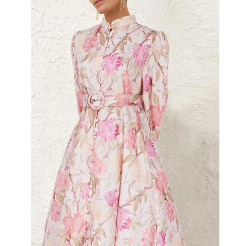 [oein] Australian autumn new fashionable British design stand collar pink lily long wide swing formal dress