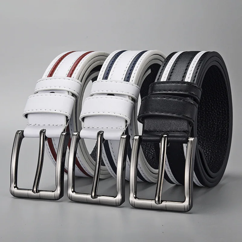 110-130CM PU Men Retro Belt New Molding Fashion Waist White Stitching Cross border British Vintage spliced Design Fashionable