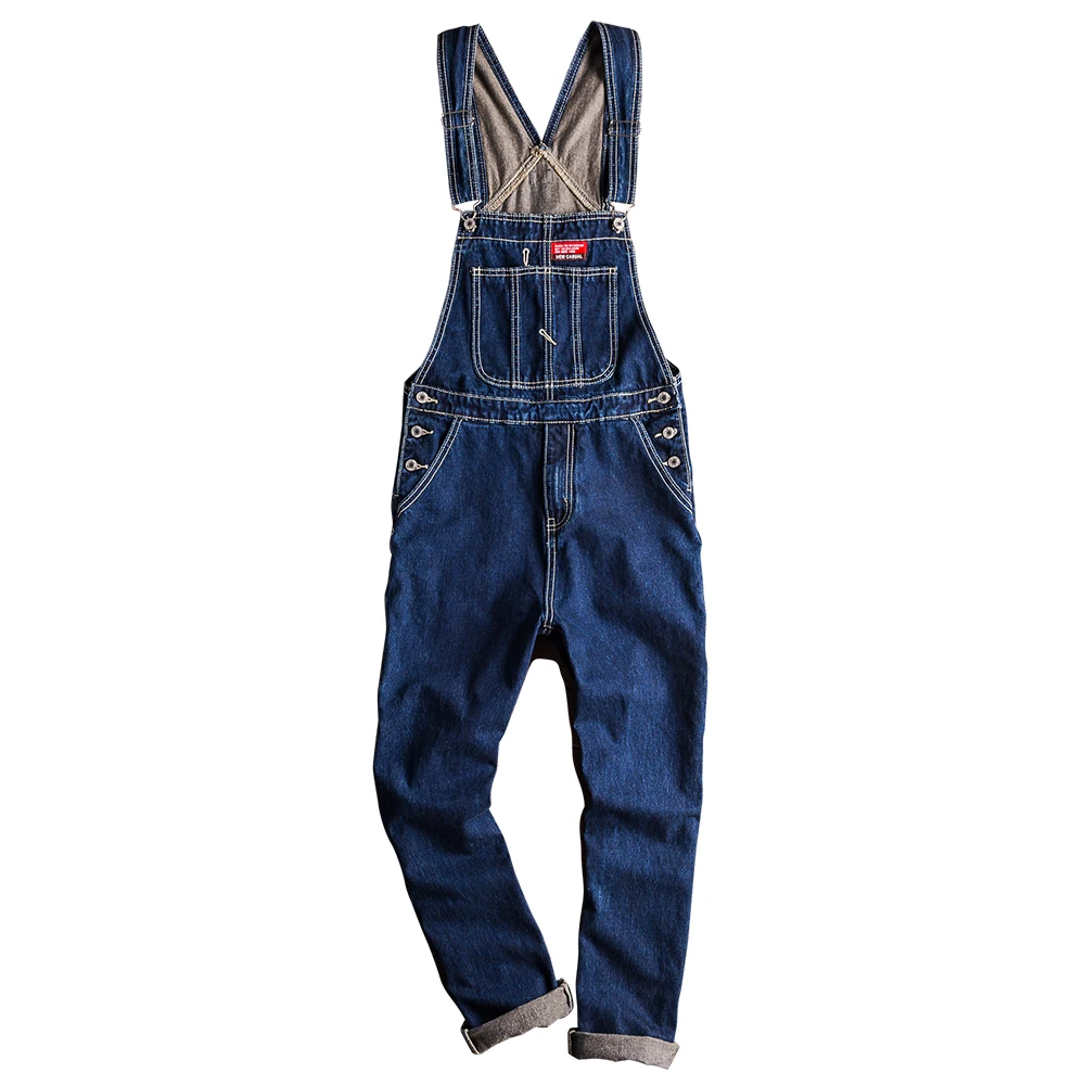 Men's Denim Bib Overalls Loose Navy Blue Jean Dungarees Casual Suspenders Work Pants Jumpsuits Coveralls Streetwear Workwear