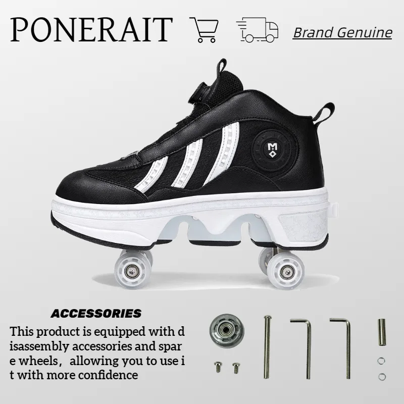 PONERAIT Roller Shoe For Student Girls Boys Stylish Adult High Top Knob adjustment Sport Skate Four wheels Deformation Sneaker