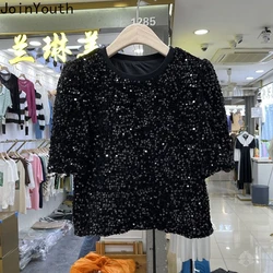 2024 Shirts for Women Korean T-shirts Short Sleeve O-neck Loose Tees Chic Temperament Sequined T Shirts Black Summer Crop Tops