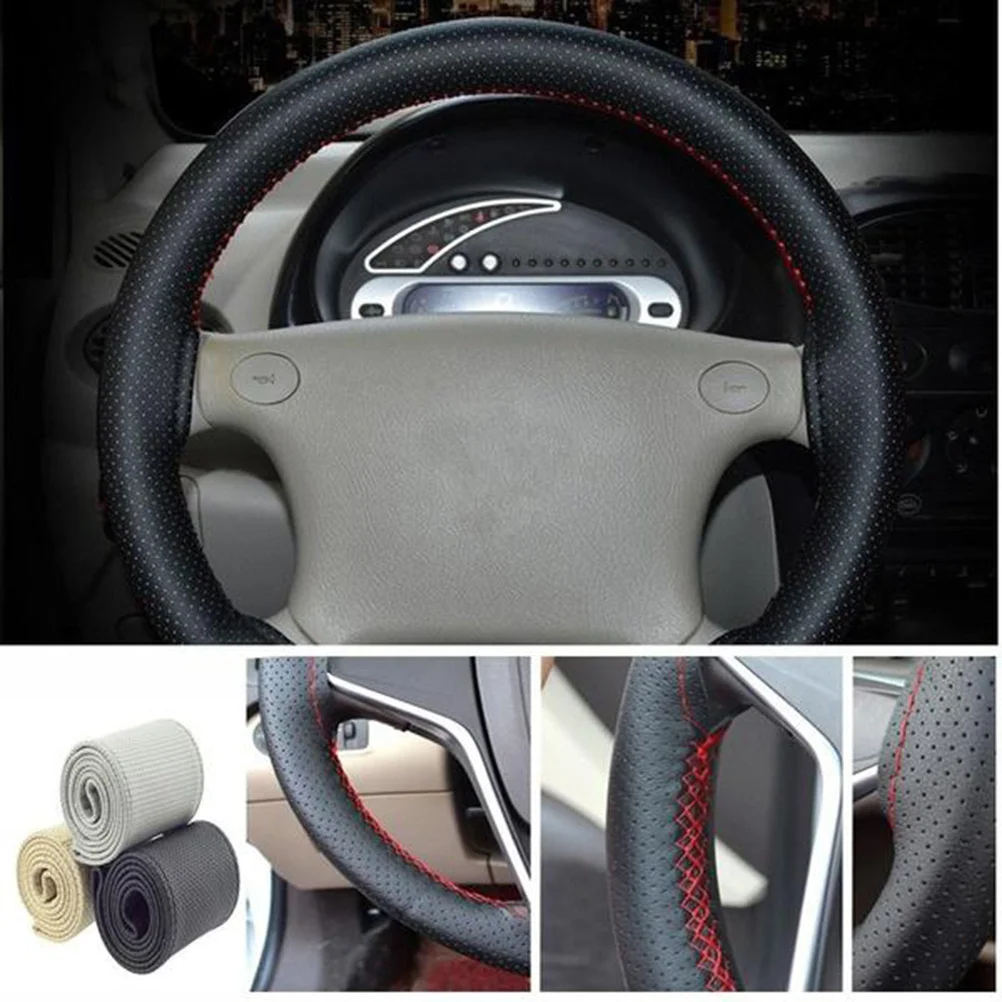 

PU Steering Wheel Cover Black Repair Piece Fit 38cm Elastic Car Steering Wrap Protector Car Wheel Accessories