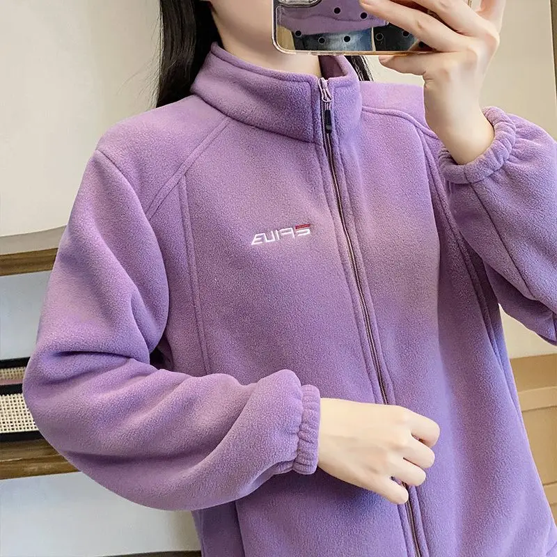 Women's Plush Velvet Thickened Sweatshirt Fleece Spring Autumn Outdoor Jacket Casual Warm Standing Collar Inner Lid