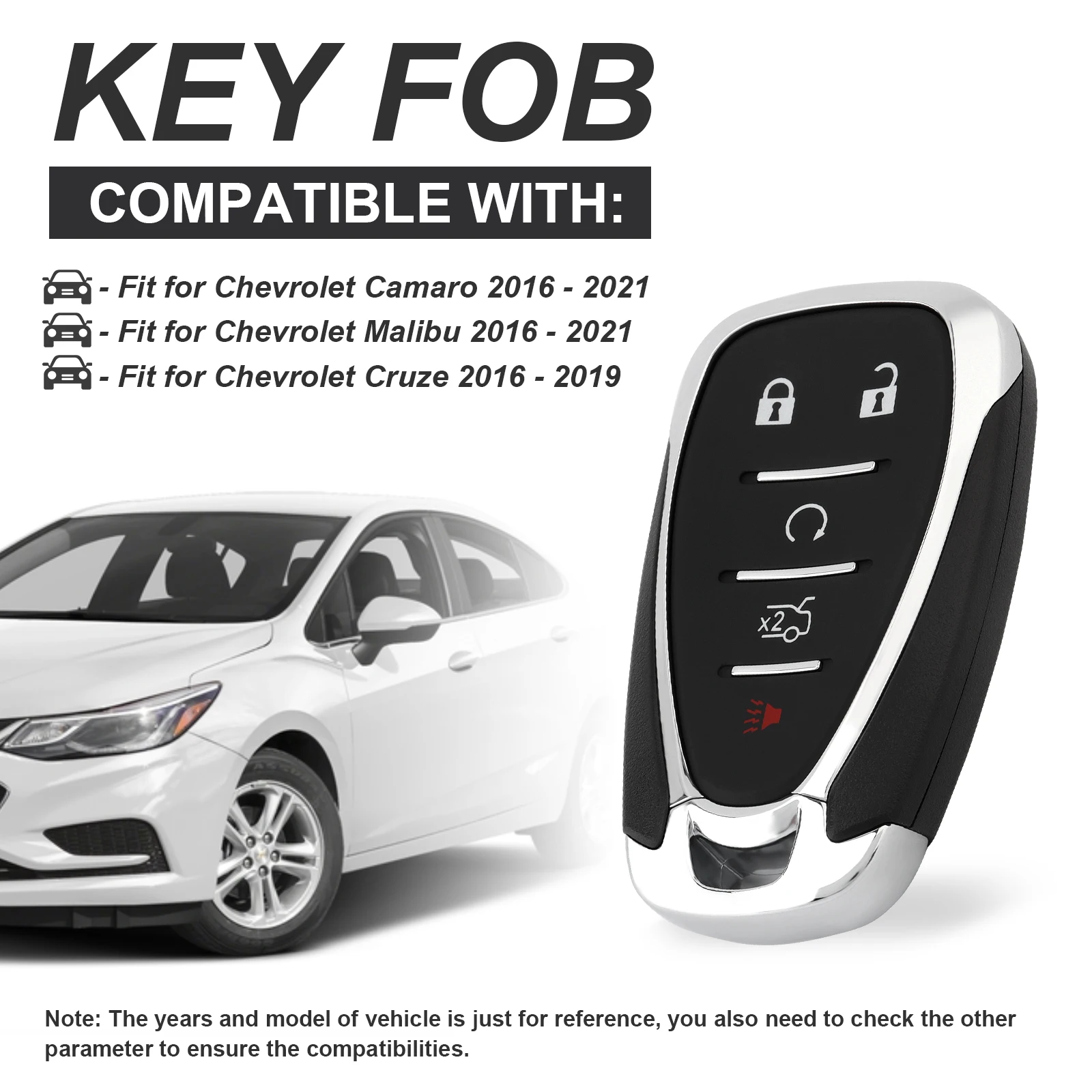 433MHz 5 Buttons HYQ4EA Car Key Fob Keyless Entry Remote Replacement Fit for Chevrolet/ Chevy Camaro Cruze Malibu with ID46 Chip