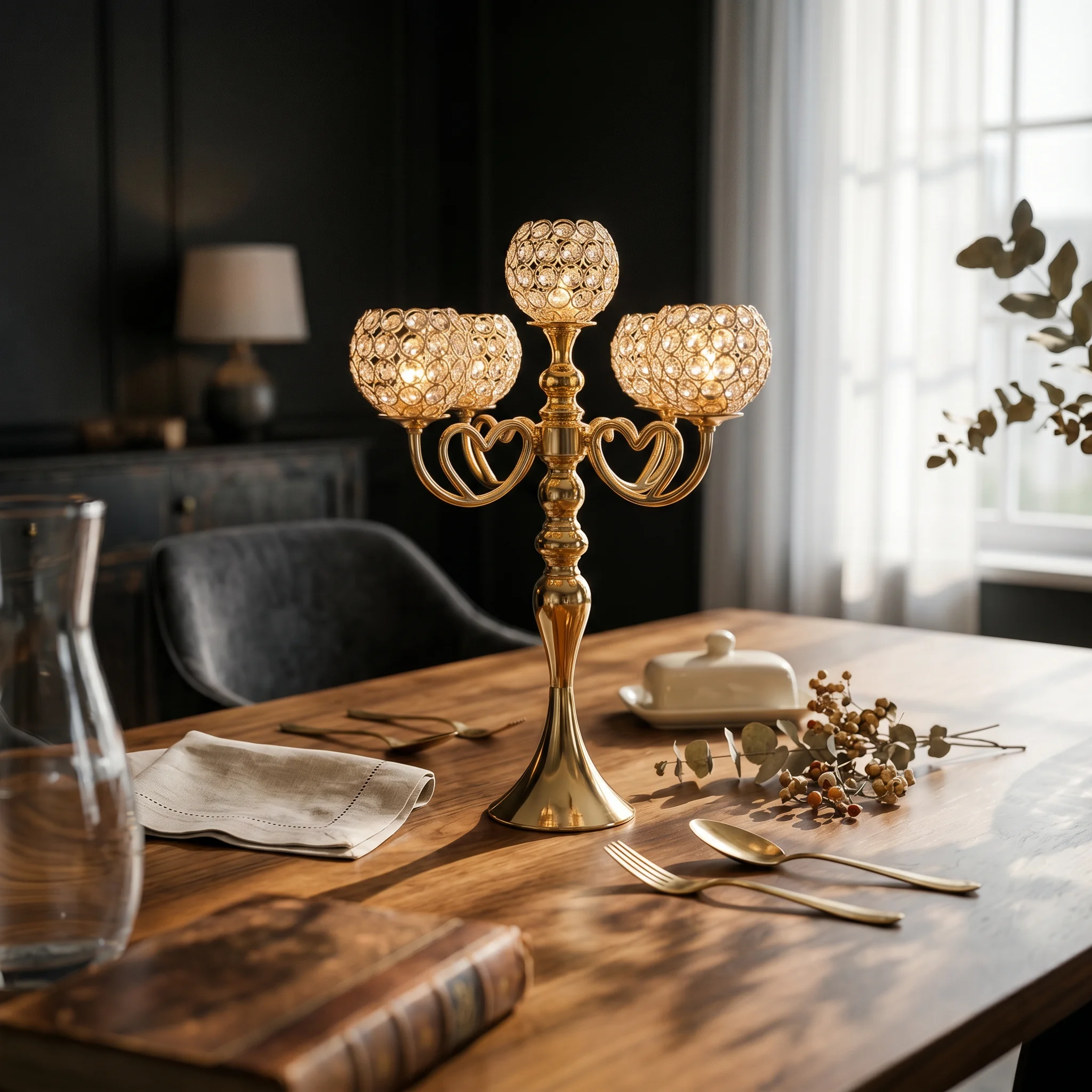 Candelabra with Crystal Beads Decorative Candelabra Centerpiece Candle Holder with Crystal Bowls Shiny for Wedding Planners