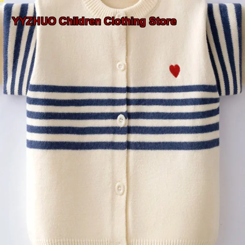 Kids Cashmere Cardigan Handmade Heart Embroidery Striped Knit Coat Warm Girls