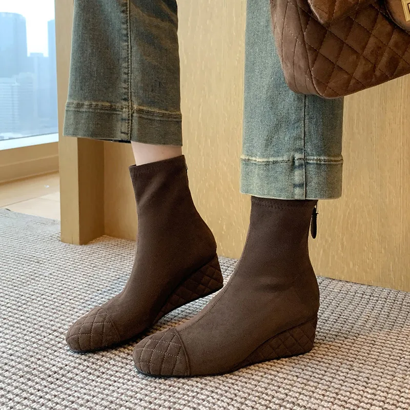 MKKHOU Fashion Short Boots Women's New High Quality Diamond Grid Round Head Slope Heel Boots Winter Warm Ankle Boots Women