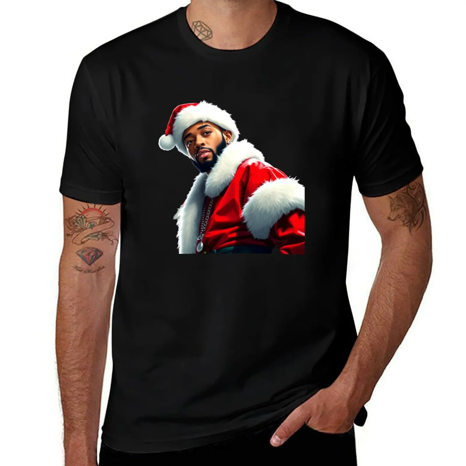 Rapper Santa Black Santa T-Shirt Basic Crew Neck Short Sleeve Top T-Shirt