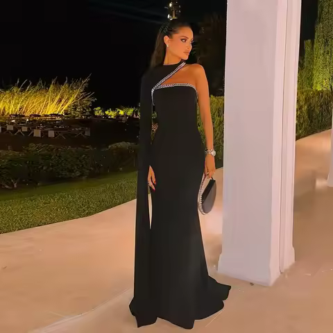 Eightale Arabic Evening Dress O-Neck Cap Sleeves Customized Black Beaded Stretchy Mermaid Wedding Party Dress Vestido De Noche