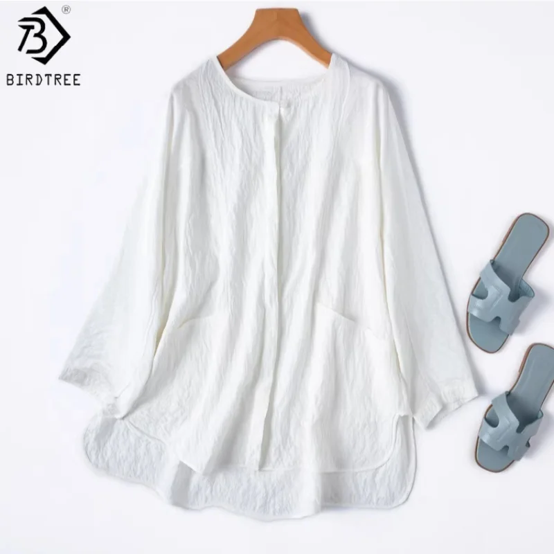 

Birdtree, 76% Real Silk 24% Nylon Blouse, O-neck Long Sleeve Tops, Women's Dry Silk Loose Solid Shirt, 2026 Spring New T63726JF