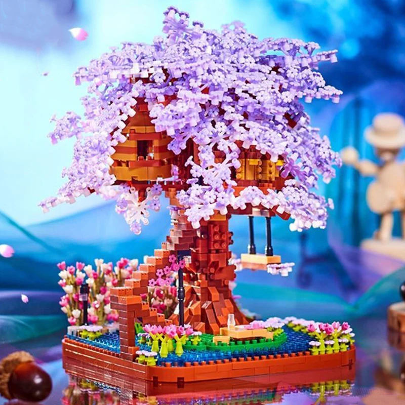 LHCX 7855 العمارة العالمية الأرجواني زهر الكرز شجرة ساكورا زهرة حديقة كتل الماس الصغيرة الطوب بناء لعبة لا صندوق
