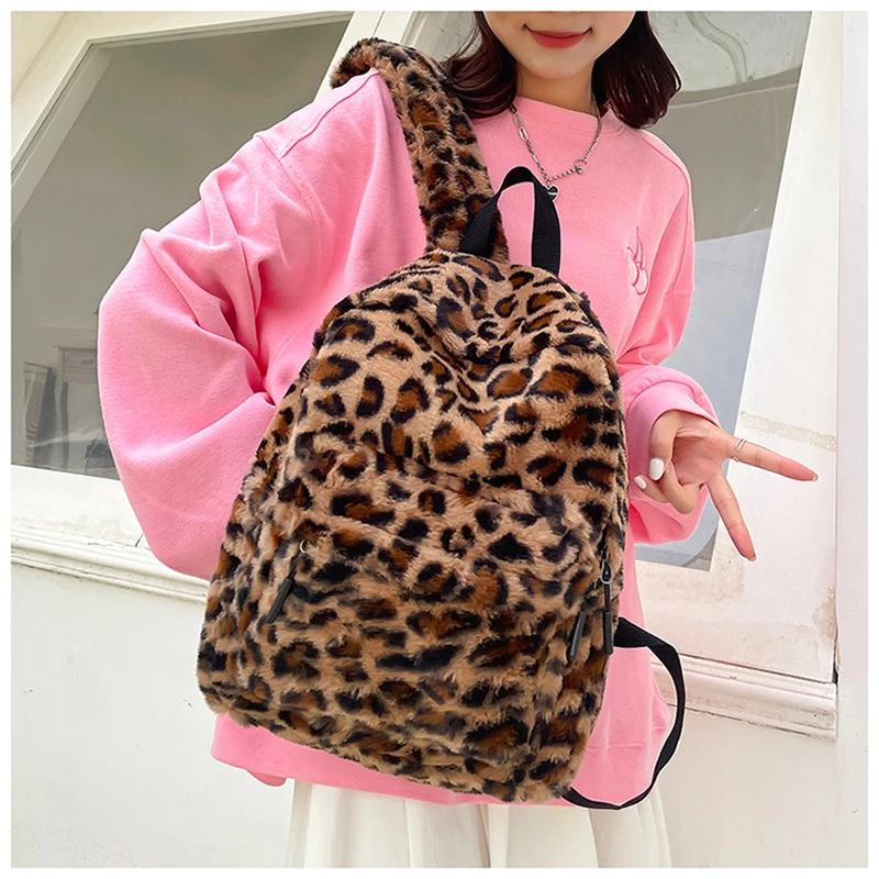 Plush Leopard Backpack Teenagers School Bag Large Capacity Fashion Students Bookbag Stylish Shoulder Backpack TravelOutdoor