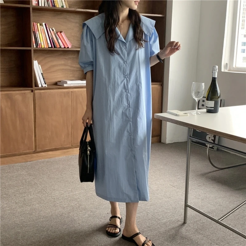 

Summer Navy Leader Puff Sleeve Fashion Midi Dress Women High Street Casual Elegant Loose Solid Color Button Patchwork Dresses