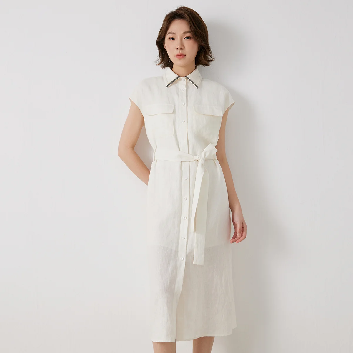 فستان K3206W عالي الجودة 100% كتان بدون أكمام وياقة بولو للنساء موضة الصيف الأنيقة