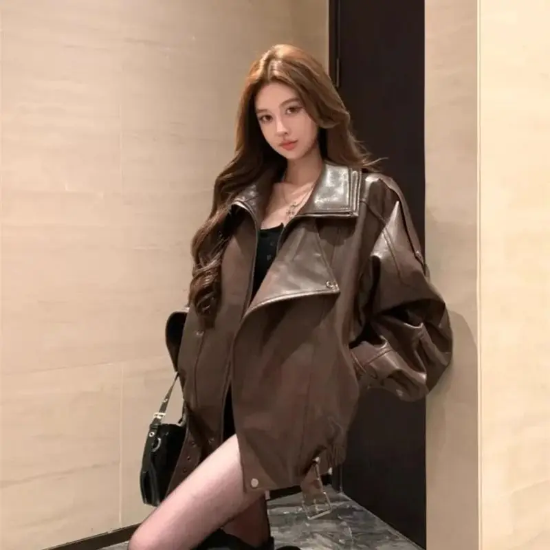 

2025 Spring/Autumn New Chic Korean Versatile American Retro PU Leather Luxury Loose Handsome Motorcycle Style Jacket for Women