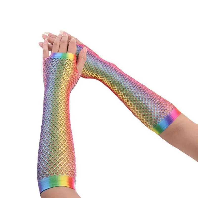 A52E Fingerless Gloves for Women Girls Long Net Mesh Gradient Rainbow Mittens Evening Party Halloween Costume