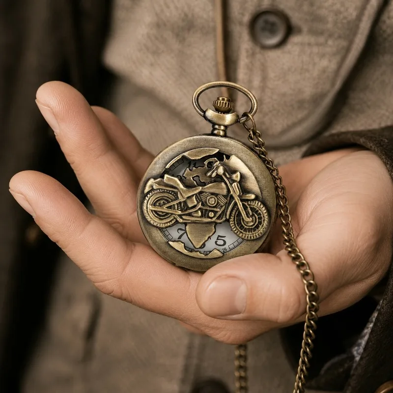 Vintage Bronze Motorcycle Pattern Pocket Watch Retro Quartz Analog Pendant Watch with Chain Necklace Collectible Souvenir Clock