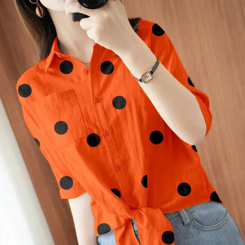 Oversized Vintage Printed Polka Dot Lapel Bandage Button Bow Chiffon Shirt Summer New Commute Tops Loose Casual Woman Blouses