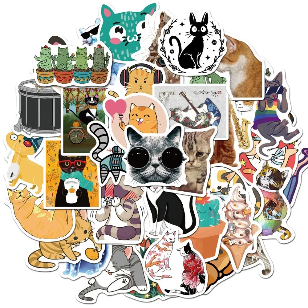 1Set =50Pcs  Cartoon Cute Cute Cat Waterproof Sticker Car Sticker Luggage Trolley Explosion Style Doodle Sticker