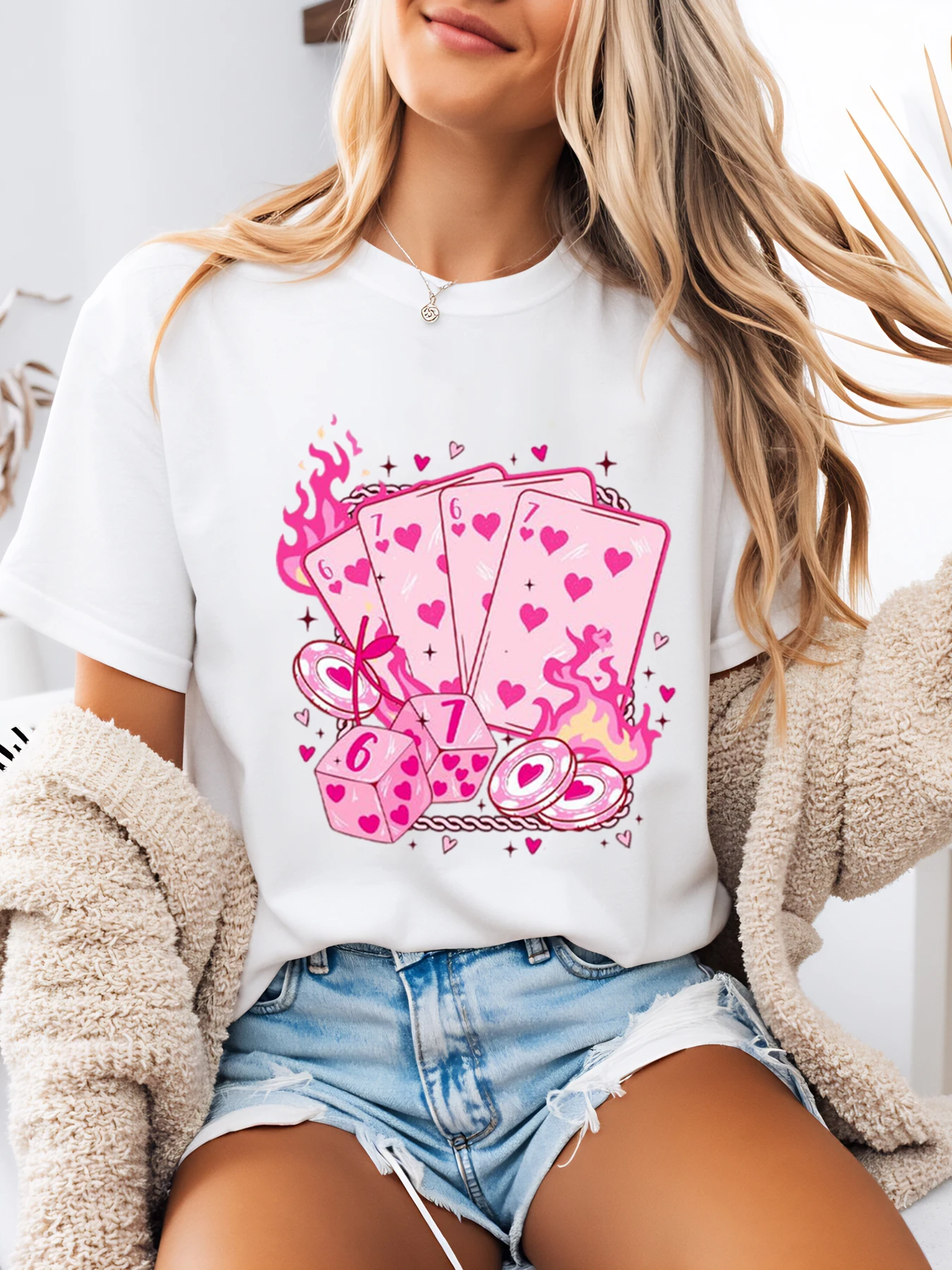 Pink Playing Cards and Dice Print Halloween T-Shirt Women Casual Party Wear White Plus-Size