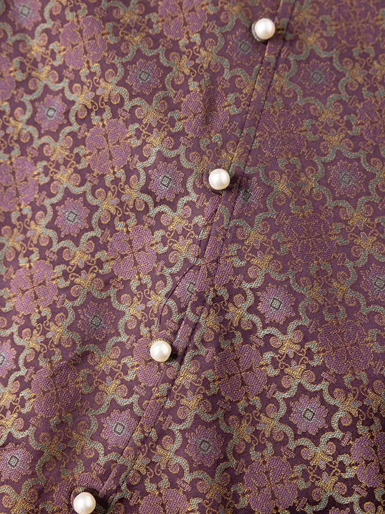 فستان صيفي أنيق للسيدات لعام 2025 بتصميم جديد أرجواني أحمر 100% من حرير التوت الطبيعي أغنية بروكيد مطبوعة بأكمام قصيرة