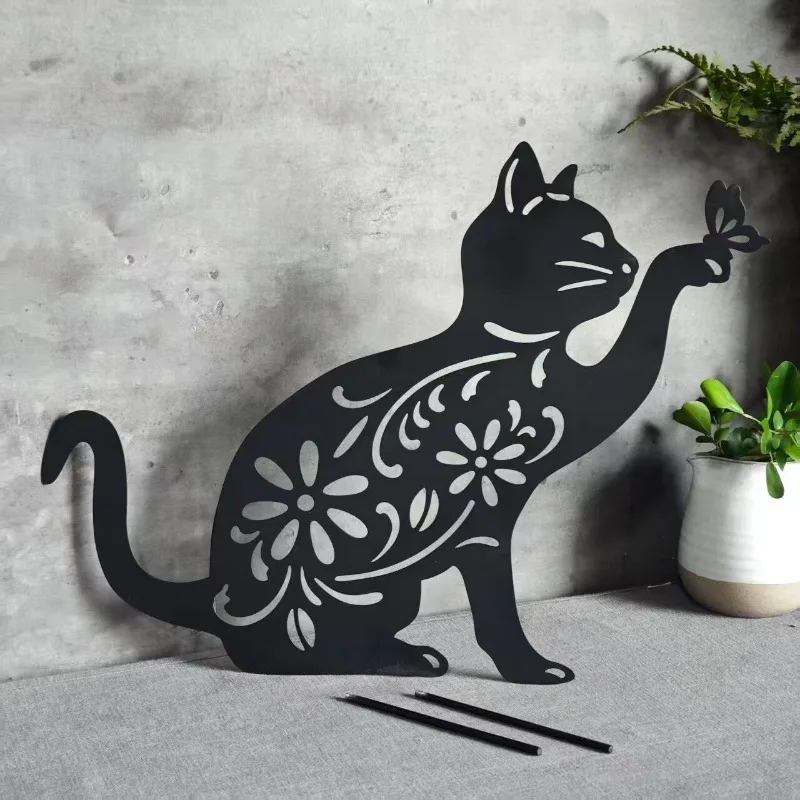 Creative Wrought Iron Hollow Cat Ornaments Outdoor Garden Flower Arrangement Lawn Landscaping Plug-in Crafts Garden Decoration