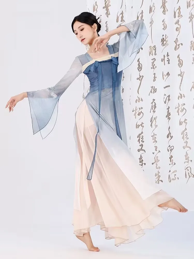 New classical dance attire, women's flowing Hanfu, chest length, tattered skirt, Chinese dance practice suit, ribbon long body c