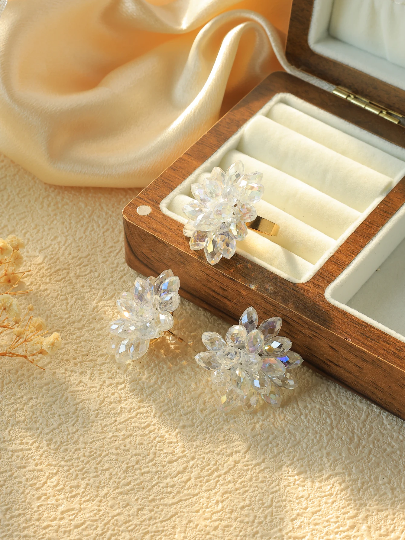 

May@RZ Luxury Crystal Large Flower Earrings and Ring Stainless Steel Women's Bridal Exquisite Jewelry Set Gift